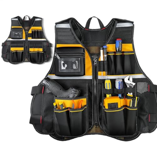 Gilet de charpentier – Gilet à outils – Veste de travail avec plusieurs poches, veste de soutien confortable, ceinture à outils réglable, gilet de travail avec poches de construction, gilet à