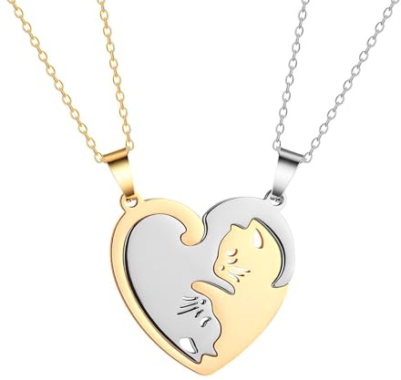 Cuicany 2 stycken pussel katt halsband, BFF-kedjor för 2 vänskapskedjor, damkedja hänge för par par, lämplig för alla hjärtans dag, guld, Metall, Zirkon