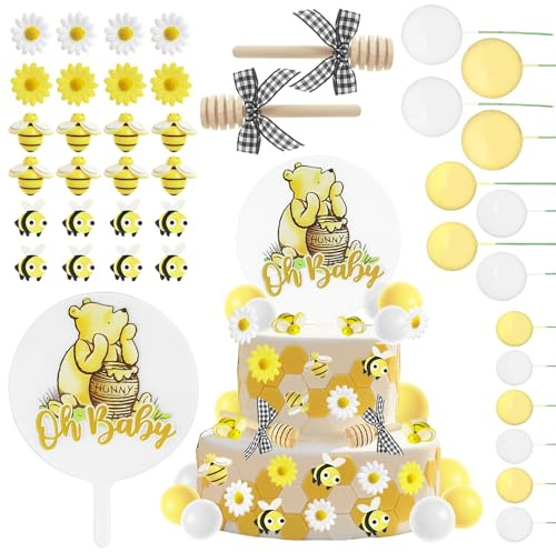 Classic Winnie Cake Topper, 37 PCS Cute Bear Pooh Bees Flowers with Acrylic Cake Topper Decor, Dessert Pooh Cupcake Decorations Party Supplies for Birthday Baby Shower