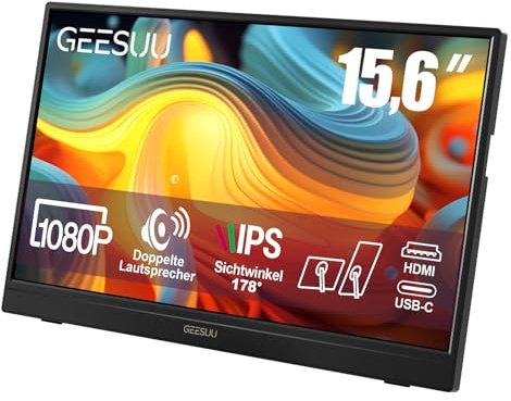 GEESUU 15.6 Inch Monitor Portatile, Schermo con Casse Integrate & Audio Integrato, Full HD, 1080p, 60Hz, IPS, Supporto Rotante a 90°, HDMI/Type-C