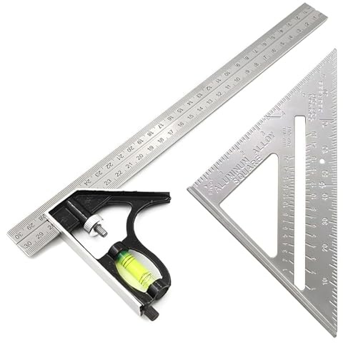 Zimmermannswinkel Set - Anschlagwinkel 300 mm & Dreieckiger Zimmermannswinkel 180 mm, Multifunktional Winkel Holzbearbeitungswerkzeug mit Wasserwaage für DIY Heimwerker, Tischlerarbeiten und Anreißen