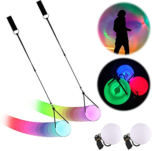 Pelotas LED de Poi, con cuerda, juego de 2 bolas LED Glow Poi, juego de malabares luminosas, para 18 y adultos