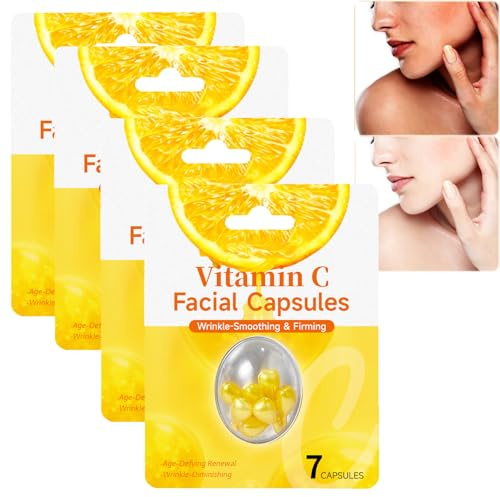 Vitamin C-serumkapslar för ansikte, C-vitamin Ansiktskapslar fuktar, jämnar ut hudtonen, anti-aging och upplysande serum, uppstramande fuktgivande och reparatör rynkor (4 st)
