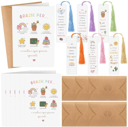 Tenare 18 Pezzi Set Regali per Maestre – 6 Segnalibri con Frasi di Gratitudine in Italiano, 6 Biglietti di Ringraziamento e 6 Buste – Pensieri per Insegnanti durante Fine Anno, Cerimonia di Laurea