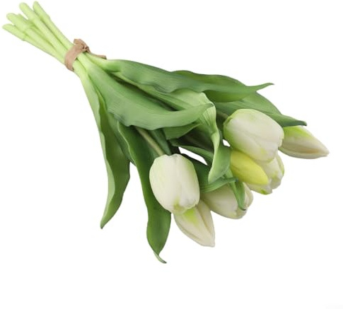 Bouquet di tulipani artificiali con 7 steli realistici per tavolo da matrimonio, centrotavola, ufficio, scrivania, soggiorno ed eventi (bianco verde)