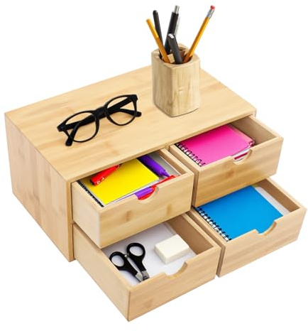 Organizador de escritorio de bambú con 4 cajones, almacenamiento de cajones de madera natural, pequeño mueble de almacenamiento para suministros de maquillaje cosmético, caja de almacenamiento