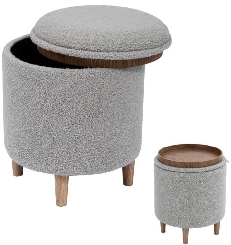 RIOGOM Puff Almacenaje, 45.5xØ36, Banco de Almacenamiento, Reposapiés con Patas, Otomana, Boucle, Reposapies Sofa, Taburete almacenaje, Banco almacenaje, Mesa Madera Asiento (Gris, Borrego)
