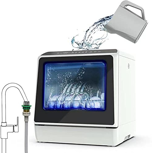 Portable Countertop Dishwasher with 5 Programs, 3-Cup Water Tank, Fruit/Veg Basket, High Temp, Air Dry