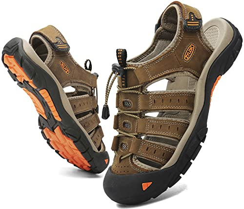 ZYLDK Sandalias de Senderismo para Hombres Verano Exterior Deportivas Zapatos Trekking Casual Zapatos de Montaña Cuero Sandalias de Playa Antideslizante Verano,Marrón,43
