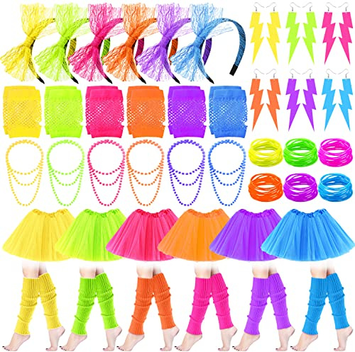 JaGely 42 Pieces 80s Costume Accessories Set Earring Necklace Fishnet Gloves Bracelet for Christmas Women Outfit 80s Party(Six Colors)