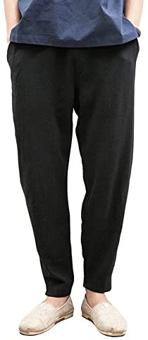 HAORUN Kung-Fu-Hose für Herren, chinesischer Stil, Tai Chi, lockere Hose, Leinen, lässig, Retro, weites Bein, Schwarz-4, X-Klein