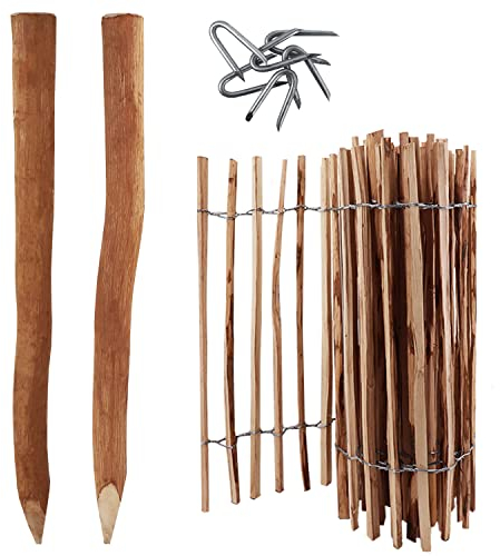 Set completo da 5m, distanza tra i listelli di 4–6 cm, con 5 pali in legno e crampe, recinzione da giardino, castagno in nocciola, durevole (5m di altezza 100cm + 5 pali lunghi 1,5m+20 ramponi)