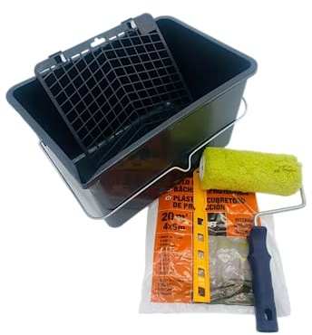 Nespoli Kit Rodillo de Pintura Fachadas 18 cm, Cubeta 12 L con Rejilla, Plástico Cubretodo, Mezclador de Pintura, Set de Bricolaje Completo