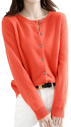 Ladies Cardigan Sweater O Neck Spring Autumn Knitted Cashmere Cardigan Solid Color Single Breasted Casual Cardigan Orange red L (50kg-55kg)
