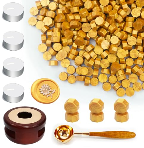 Wachs Siegel Perlen Set, Ioggtser Siegelwachs Perlen Set mit 400PCS Gold Wachs Siegel Perlen, Wachs Siegel Warmer, Schmelzlöffel, 4 PCS Kerzen, Wachs Siegel Kit für Hochzeitseinladungen