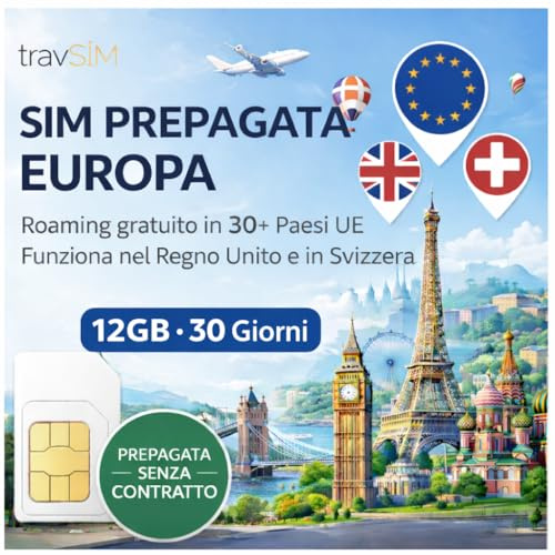 travSIM Europe SIM-kort | 12 GB data med 4G/5G-hastigheter | Obegränsade samtal | Använd i Storbritannien, Schweiz och 30+ EU-länder | Abonnemanget på SIM-kortet för Europa gäller i 30 dagar