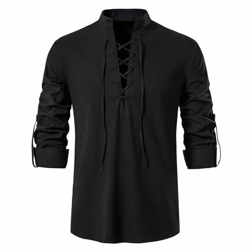 SHEYOW Hombre Camisa de Lino Retro Medieval Shirt Casual Estilo Punk Manga Larga Traje de Pirata Halloween (L, Negro)