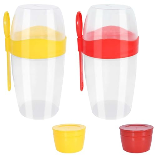 Müslibecher To Go 2 Stück Joghurt Becher to Go mit Deckel 870ml Porridge Becher mit Löffel Groß Joghurtbecher Kinder Salatbecher Frühstücksbehälter für Jogurt, Porridge, Cornflakes, Muesli (Gelb+Rot)