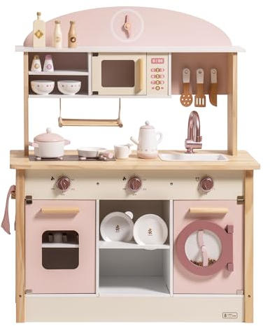 ROBUD Spielküche für Kinder Kleinkinder, Spielküche aus Holz mit realistischem Zubehör, Spielzeugküche Set mit vielen Spielfunktionen, moderner Stil Spielzeugküche für Mädchen & Jungen, Geschenk ab 3