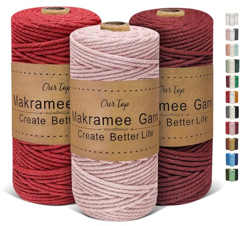 OurTop Corde Macramé 3mm x 100m, Set de 3 de Fil Macramé Macrame Corde pour Bricolage, Artisanat, Tapisserie, Décoration Boho(Rose, Rouge Profond, Bordeaux)