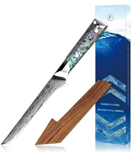 Damast Ausbeinmesser,FANTECK 14cm Filetiermesser Fisch aus VG-10 67 Lagen Damaststahl, Scharf Fischmesser mit Abalone-Muschel Griff & Walnuss Holz Messerscheide