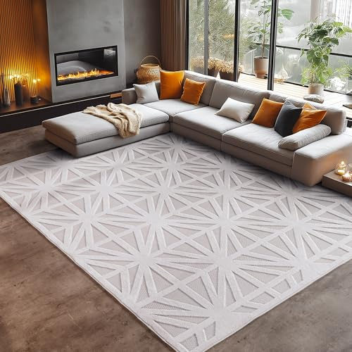 Carpetsale24 In- & Outdoor Teppich 240x340 cm – Wetterfest & XL großer Teppich in Creme mit Rauten Design & 3D Hoch-Tief-Effekt – Für Terrasse, Balkon, Wohnzimmer & Schlafzimmer