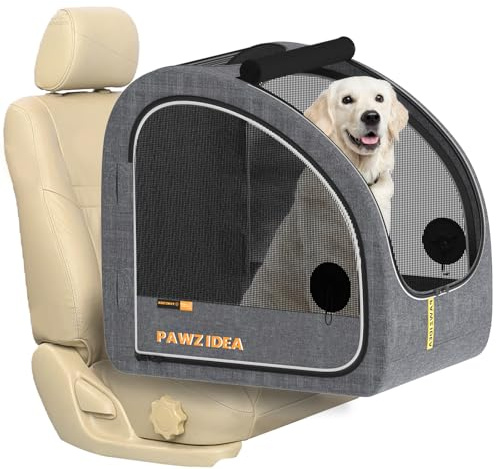 PAWZIDEA Portable Dog Crate for Car Travel, Collapsible Pet Travel Crates for Medium & Large Dogs, Enclosed Soft-Sided Car Kennel Carrier for Backseat, Secures w/Seatbelt & Headrest Strap, Chew-Proof