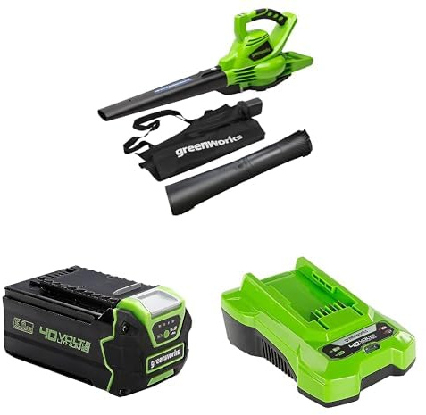 Greenworks 40V Aspirateur Souffleur sans Fil de Feuilles à Batterie avec Moteur sans Balais, 280 km/h, 9,63 m³/Min, Sac pour Mulching de 45L, Deux Batteries 5Ah et Chargeur, Garantie 3 Ans