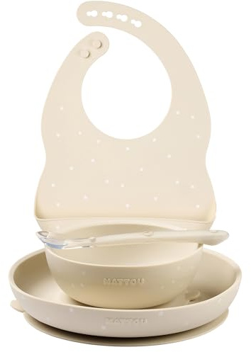 Nattou Stoviglie in Silicone per Bambini, 4 Pezzi, 1 Cucchiaio, 1 Ciotola con Coperchio, 1 Bicchiere, 1 Bavaglino, Senza BPA, Silicone, Motivo Color Argilla