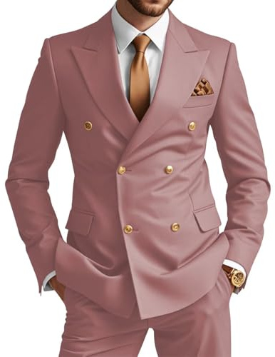 Wangyue Mens 2 Piece Suit Dusty Pink Double Breasted Suits for Men Slim Fit Gold Buttons Blazer and Pant Set Wedding Formal Size S