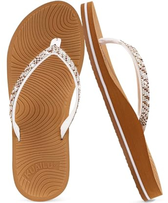 KuaiLu Women's Rhinestone Flip Flops with Comfort Arch Support Yoga Mat Cushion Sandals Fashion Summer Beach Pool Travel Orthotic Walking Thong Sandles Slip on Plantar Fasciitis White Khaki 9