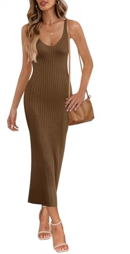 MEROKEETY Womens Summer Bodycon Knit Midi Dress 2026 Spring Beach Vacation V Neck Casual Sleeveless Ribbed Sweater Dresses,Coffee,M