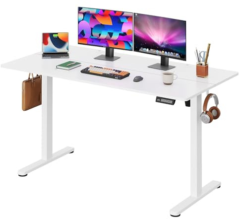 DEVAISE Bureau Assis-Debout Électrique 140 x 70cm, Moteur Silencieux avec 3 Mémoires, Table Ergonomique pour Télétravail et Bureau, Blanc
