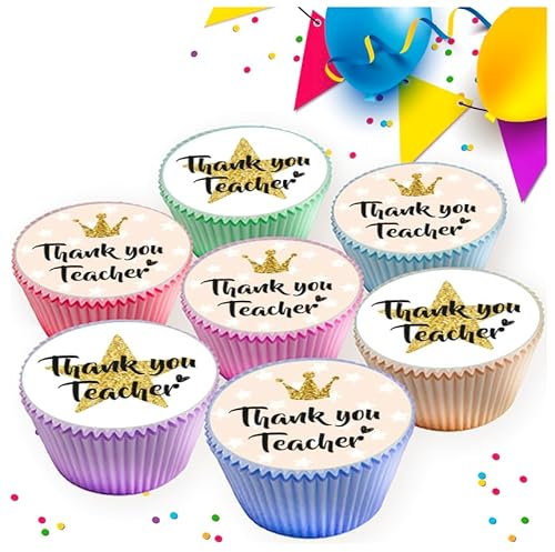 24 x PRE CUT THANK YOU TEACHER STAR IMAGE EDIBLE WAFER CARD RICE PAPER 4.5 cms CUPCAKE TOPPERS DECORATIONS