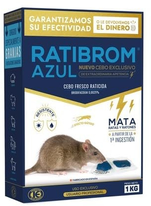 Todo Cultivo Raticida Cebo Fresco brodifacoum 1 kg. Mata Ratas y Ratones con una Sola ingestión. Ratribrom Azul 1kg