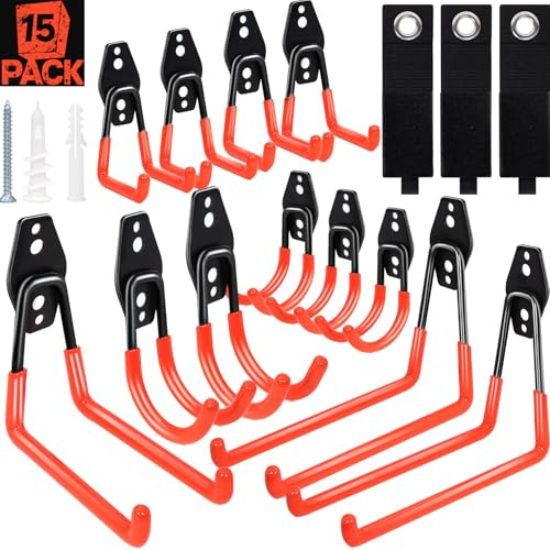SBGGRL 15 Pack Garage Hooks Heavy Duty,Garage Hangers Storage System Hooks for Shed Yard Tools Ladders Bikes Hose Hanging Wall Mount with Anti-Slip Coating