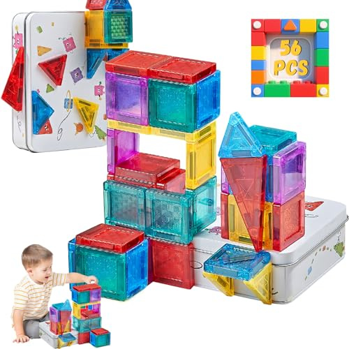 Shinybox 56 Piezas Mini Azulejos Magnéticos, Bloques de Construcción Magnéticos, Juguetes Educativos, Set de Construcción Creativa 3D con Cubos Magnéticos, Regalo para Niños y Niñas