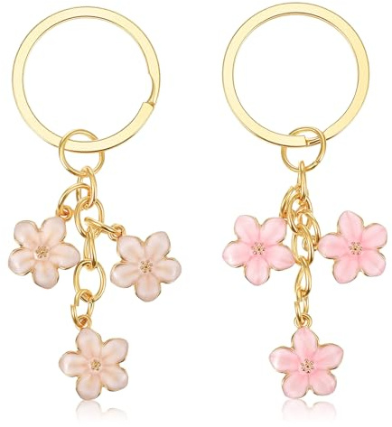 PEOVLVN 2 Pcs Cute Keychains for Women, Flowers Charms Car Key Chain Gold Keychain Bag Charm Keyring Gifts for Women Girls Purse Bag Backpack Accessories (Pink + White)