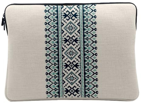 Housse Ordinateur et Tablette Aspect Lin - Motif Bleu Style Broderie Pixel Aztec Abstrait Tribal - 14-15 Pouces Pochette de Protection PC Portable Imprimé en France