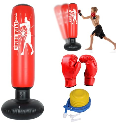 Sacco da boxe per bambini dai 3 ai 12 anni, 160 cm, gonfiabile, con guantoni da boxe, pompa ad aria, regali per ragazzi e ragazze, pratica karate taekwondo MMA (rosso sacco da boxe)