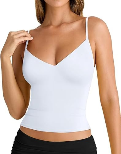 PINKMSTYLE 2026 Womens V Neck Spaghetti Strap Tank Tops Camisole Double Lined Sleeveless Tops White Large