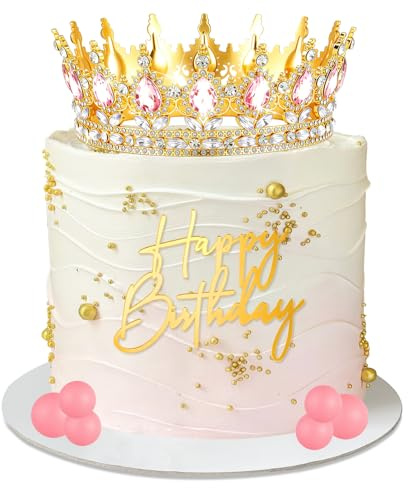 Corona per Torta, 8 Pezzi Corona Decorazioni Torte Compleanno, con Palline Decorative per Torte, Happy Birthday Cake Topper, Decorazione per Torta per Compleanni, Matrimoni, Feste (Rosa dorato)