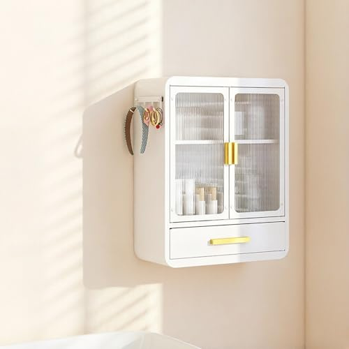Hltdzer Armario Baño Pared con Puerta Acrílica de Rayas Verticales y Varilla Lateral, Organizador de Cosméticos Suspendido con Cajones y Estantes Abiertos(30 * 14 * 39cm/11.8 * 5.5 * 15.4in)
