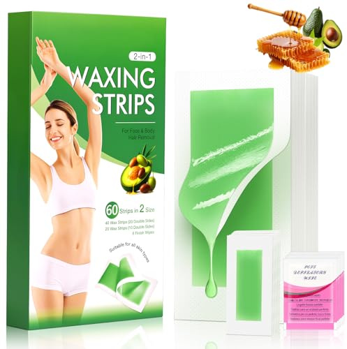 BUTBU 60 Tiras Bandas de Cera Fria Depilatoria, 40 Bandas de Cera Depilatoria Corporal, 20 Ce-ra Depilator-ia Facial, Con 6 Toallitas Calmantes, para Depilación Facial y Cuerpo