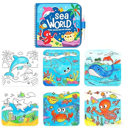 Water Painting Book for Toddlers, Reusable Magic Water Colouring Book with Pen, No Mess Animal Theme Activity Book (Sea World)