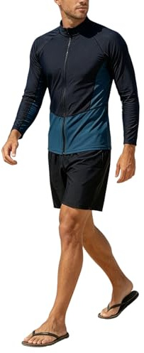 Generisch Muta da uomo in neoprene ad asciugatura rapida, da surf, da viaggio, protezione solare, 2 pezzi, pantaloncini da bagno e maglietta da nuoto Rashguard con chiusura lampo, costume da bagno a