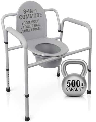 Vive Bariatric Bedside 3-in-1 Commode 500 lb Capacity - Portable Folding Toilet Chair - Adjustable Height, Extra Wide Seat - Bucket Splash Guard Heavy Duty Adult Bathroom, Pail Fits Standard Liner Bag