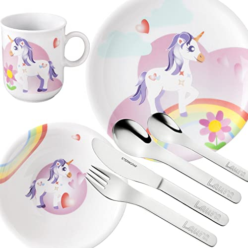 Kinderset Einhorn 7tlg. MIT Gravur (z.B. Namen) Puresigns Kinderbesteck mit Namensgravur + Seltmann Weiden Kindergeschirr