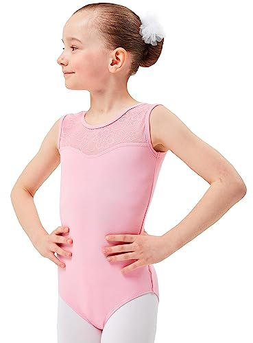 tanzmuster ® Ballettanzug Mädchen ärmellos - Cora - aus weichem Baumwollmaterial mit Spitzeneinsatz vorn Trikot Ballettbody fürs Kinder Ballett in rosa, Größe:140/146