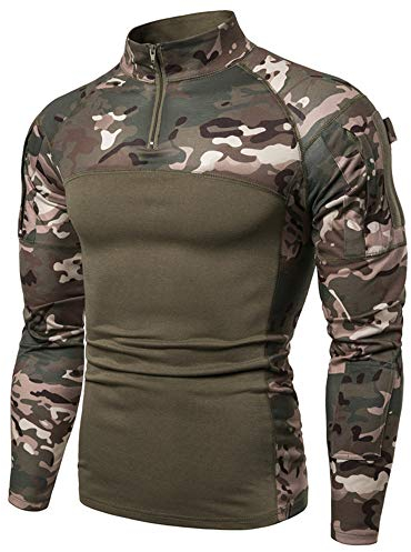 Camisa táctica de manga larga con cremallera de 1/4 para hombre, estilo militar, camisa de combate con bolsillos, ropa de aire libre, para caza, camping, senderismo, Camo Verde, XL